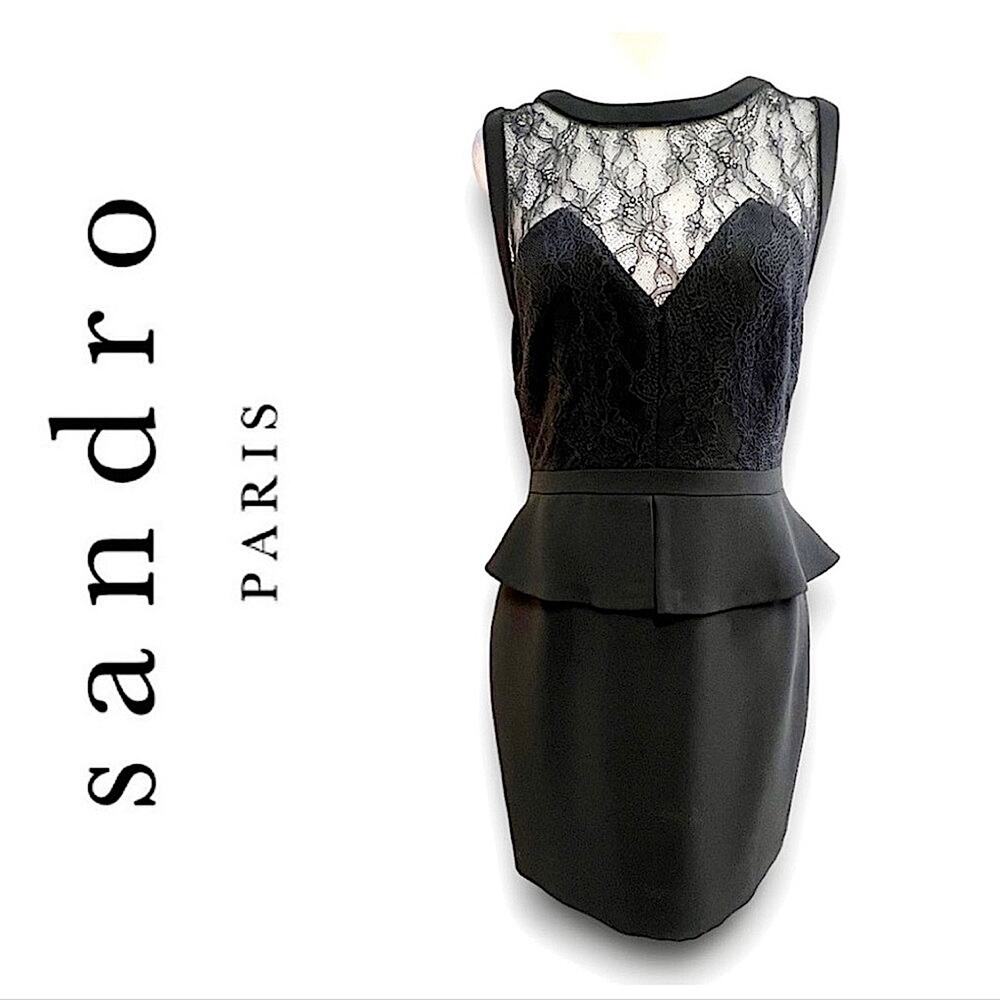 SANDRO Sleeveless Black Sheer Lace Sweetheart Neckline Peplum Cocktail Dress SZ1